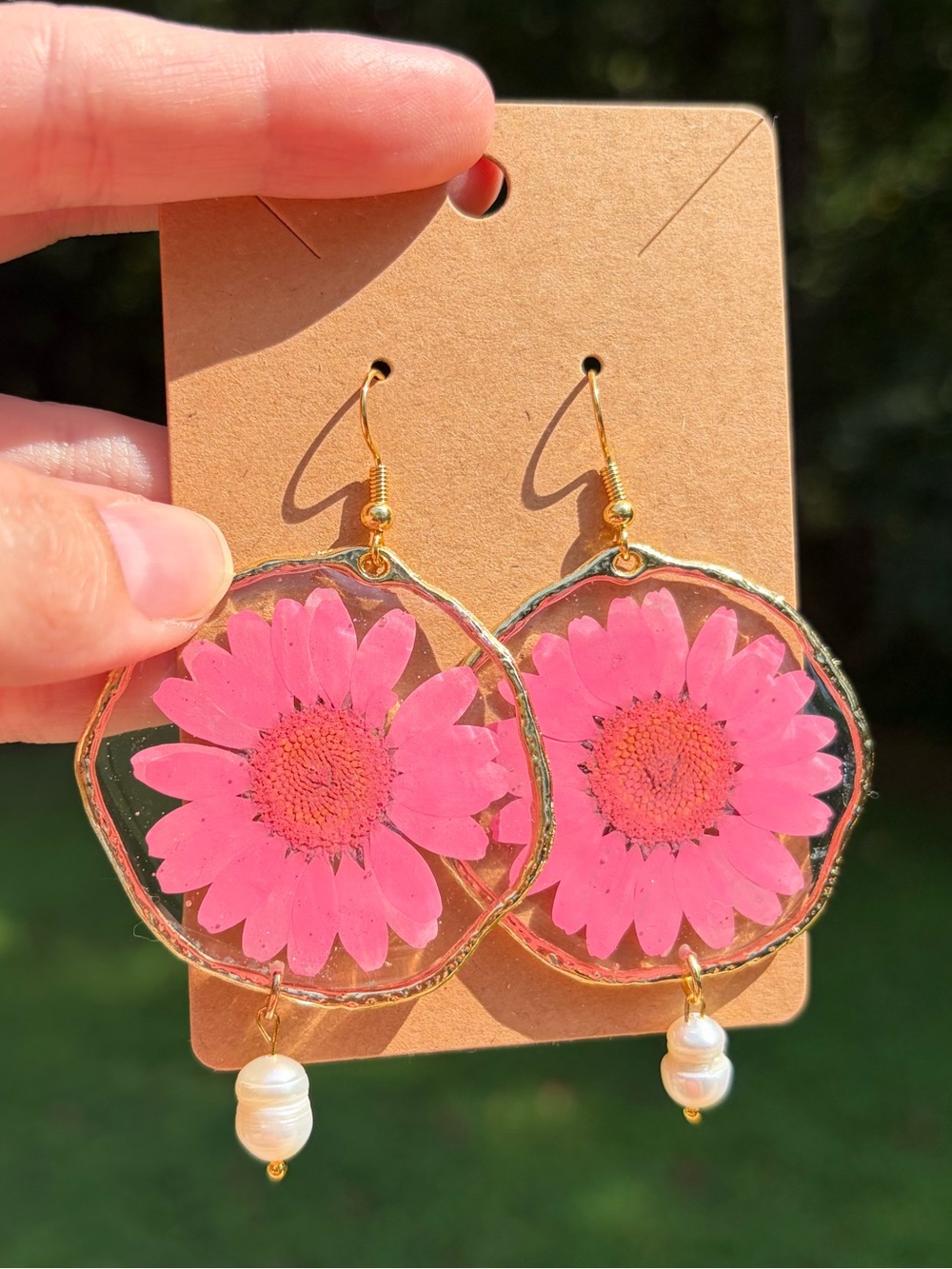 E32 Handmade Real Pressed Flower Resin Earrings | Gold Floral Botanical Jewelry